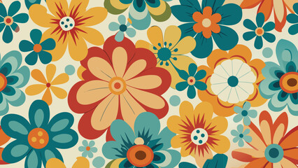 Retro floral pattern with teal orange yellow and red flowers vintage