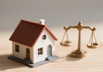 Miniature House with Scales &ndash; Symbol of Property Law, Mortgage Balance, and Real Estate Justice