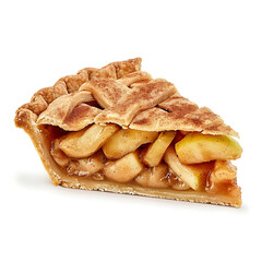 A slice of apple pie with a lattice crust, showcasing golden-brown pastry and juicy apples.