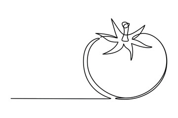Minimalist continuous line drawing of a fresh ripe tomato with a stem and leaves casting a shadow on a white background