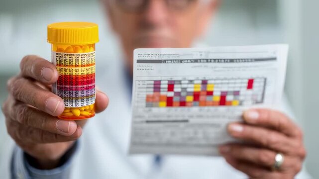 Closeup medium shot of hands holding warfarin pill bottle and genotype chart pharmacists face blurred in background emphasizing personalized medicine.