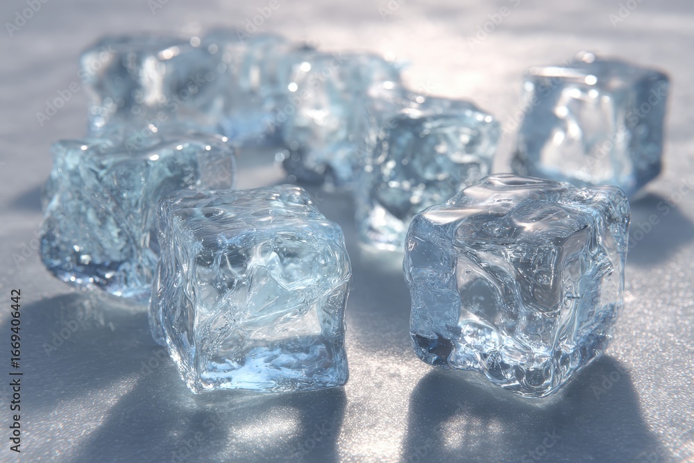Poster realistic ice cubes scattered on a reflective surface under bright lighting, creating a cool and ref