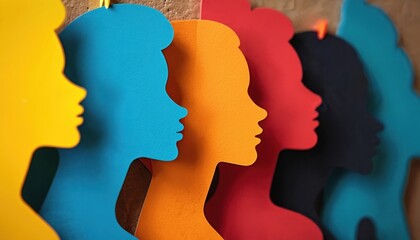 Colorful silhouettes of diverse people representing diversity, equity, inclusion. Symbols of unity, acceptance, belonging for identities. Concepts of human rights, tolerance, community, equality.