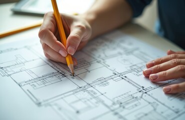 Person sketches architectural plans with pencil on paper. Close-up shows hand detailing building design project on worktable. Technical drawing represents engineering innovation, construction