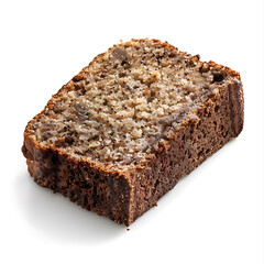 A slice of moist banana bread with visible nuts and a golden crust