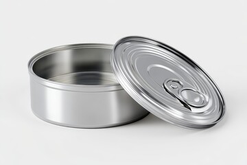 Open tin can revealing its silver interior with lid partially removed, resting on a transparent background in a realistic depiction of food storage
