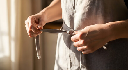 Hands tying apron, preparing for cooking, a moment of everyday life in a warm kitchen setting