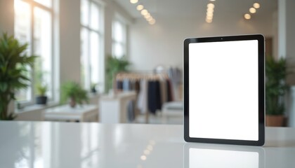 White tablet with blank white screen rests on white desk in blurred fashion store interior. Modern device displays clean white screen, perfect for mockups, digital fashion, online retail promotions.