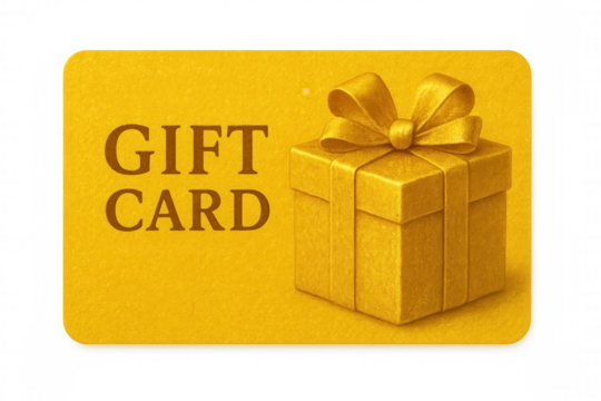 Golden gift card featuring wrapped present and elegant ribbon, floating against transparent background, highlighting shopping and celebratory moments