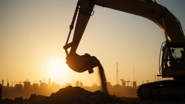 Excavator silhouette working on a construction site at sunrise, creating dramatic landscapes