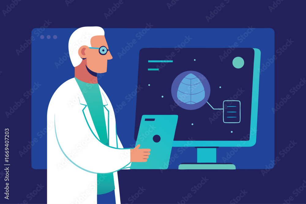 Fototapete scientist analyzing data on computer screen with tablet in hand