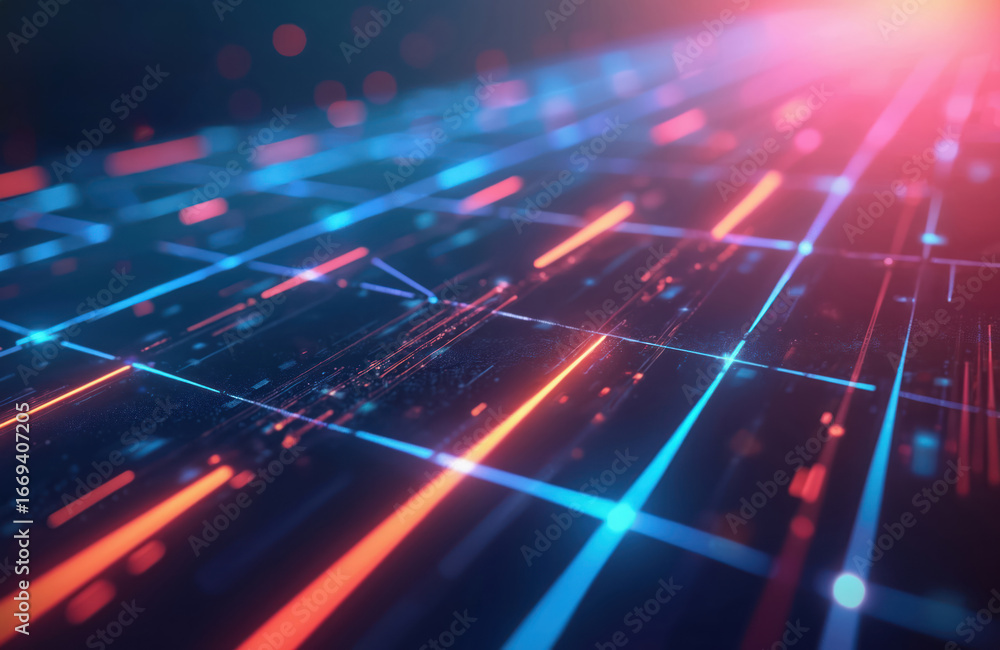 Aufkleber futuristic digital grid with neon lines and smooth gradients in blue and red hues. abstract technolo