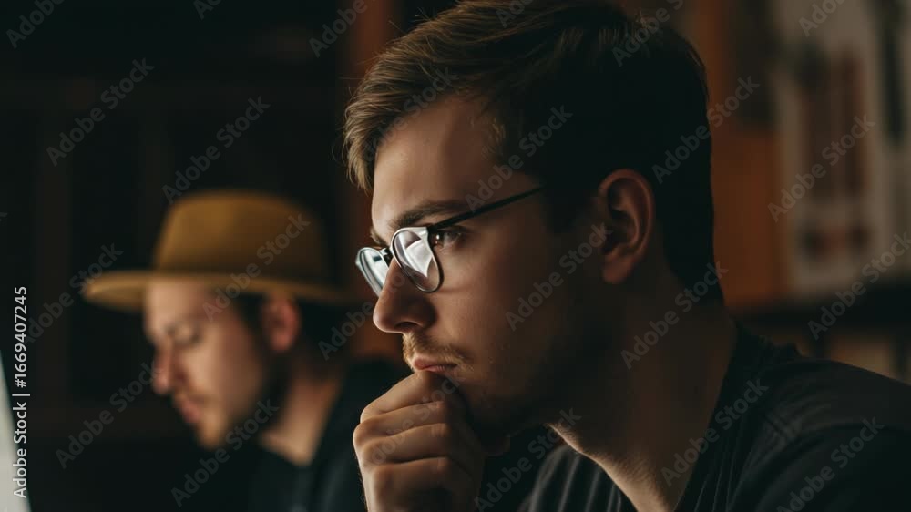 Poster man wearing glasses focused intently on a computer screen, with another person blurred in the backgr