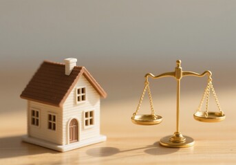 Miniature House with Scales &ndash; Symbol of Property Law, Mortgage Balance, and Real Estate Justice