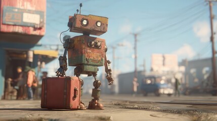Rusty robot with a suitcase on a city street.
