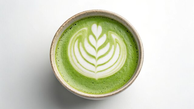 A beautifully crafted matcha latte with intricate foam art in a rustic bowl.
