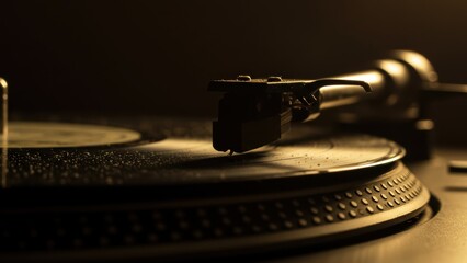 A record player's tonearm and stylus on a spinning, dusty vinyl record.