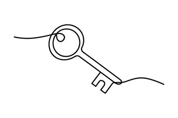 Minimalist continuous line drawing of an antique key with a swirling loop and a simple bit on a white background