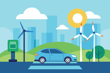 Sustainable Cityscape with Electric Car and Wind Turbines Illustration