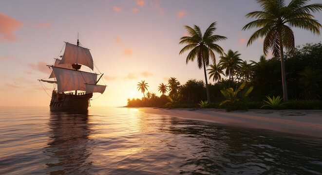 A sailing ship with white sails approaches a tropical island at sunset, with palm trees lining the sandy beach and calm water reflecting the colorful sky.