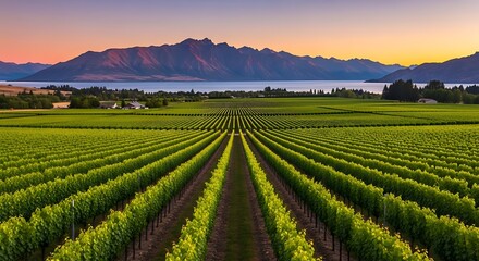 Serene vineyard rows at sunset with distant mountains and hazy lake landscape