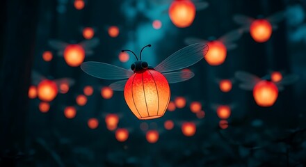 Magical evening sky filled with glowing paper lanterns floating upward amidst soft bokeh lights