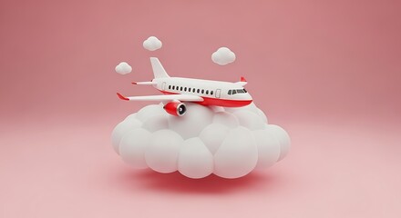 Whimsical airplane soaring through fluffy white clouds on a soft pink backdrop