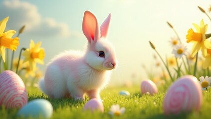 Obraz premium A vibrant Easter egg field with blooming flowers, bathed in soft morning light. Gentle dew sparkles on the grass, creating a realistic and cheerful springtime scene perfect for Easter greetings, seaso