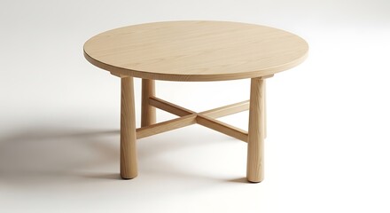 Minimalist round wooden coffee table with unique x-shaped base for modern living spaces