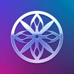 Circular, metallic design; eight-petal flower within