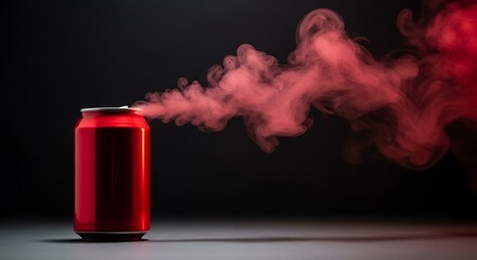 Red energy drink can emitting vibrant pink smoke against a dark moody backdrop