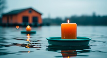 Floating candles on water with distant building illuminated by warm light