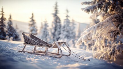 An abandoned wooden sled rests on a snowy mountainside.