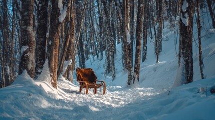 Wooden sled in a snowy forest.