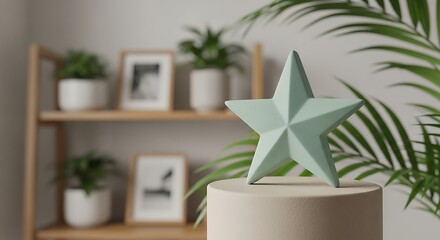 Modern minimalist decor featuring a pastel star sculpture amongst lush greenery and shelving