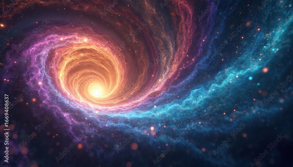 Poster vibrant rainbow light spirals through endless dark space, with glowing particles creating depth, mys