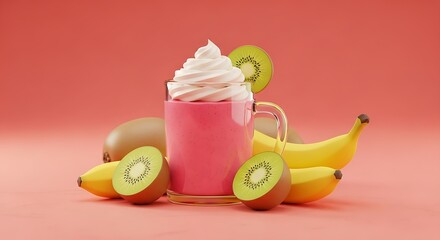 Refreshing pink fruit smoothie with whipped cream and tropical fruits kiwi and banana
