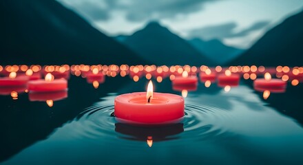 Serene floating candles create mesmerizing pattern on calm water reflecting mountains at dusk