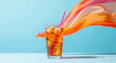 Refreshing iced cola drink with ice cubes and straw in hand on a bright blue background