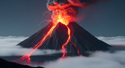 Volcano erupting spewing lava and ash into a dramatic cloudy sky at night