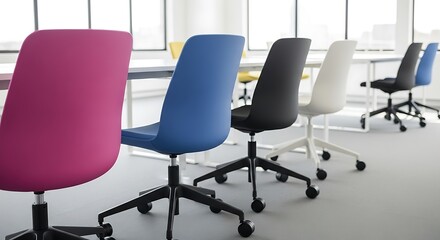 Modern office chairs in vibrant colors lined up ready for work and collaboration