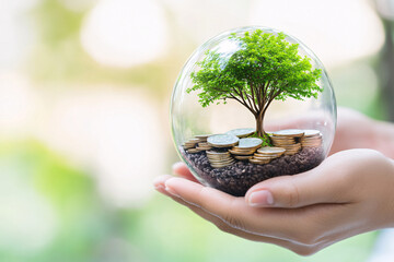Hands holding glass sphere with green tree growing from coins and soil, symbolizing sustainable finance, eco-investment, and environmental growth
