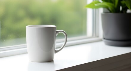 A simple white mug sits on a windowsill with a blurred green natural background outdoors