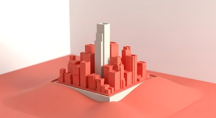 Abstract 3d cityscape with orange and white skyscrapers rising from a geometric platform