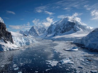 Antarctic Icebergs and Snow Covered Mountains