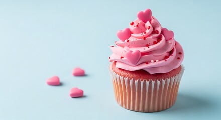 Delicious pink frosted cupcake with sprinkles and small sweets on a light blue surface