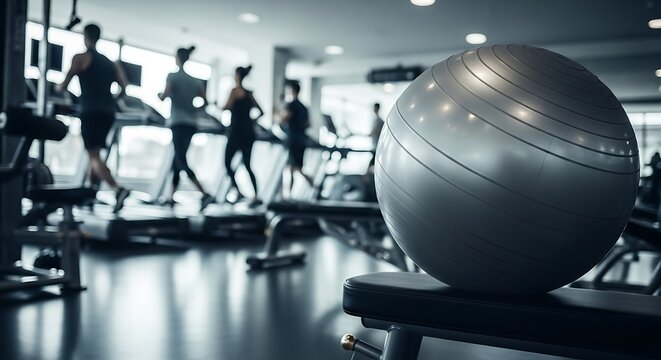 Gym fitness workout cardio exercise with people running on treadmills and a stability ball in foreground