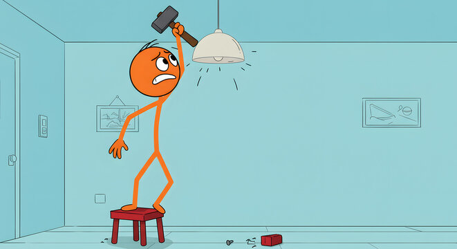 Frustrated orange stick figure attempts DIY home repair, accidentally breaking light fixture with a large hammer.