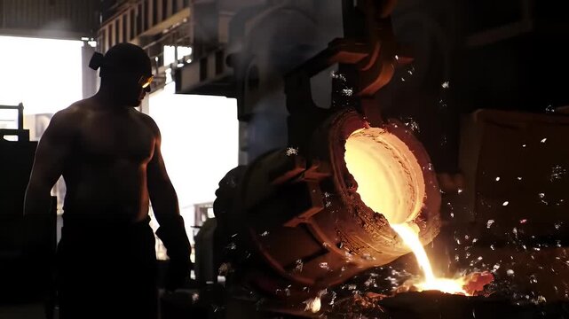 Illuminated Silhouette of a Riveter Pouring Molten Metal in a Dark Industrial Setting with Visible Steam and Sparks Showcasing Intense Heat and Manual Labor Demonstrating Heavy Industry