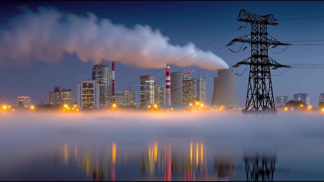 Power plant cityscape electricity smoke night fog reflection industrial energy urban dramatic scene with modern power plant, smoke stacks
